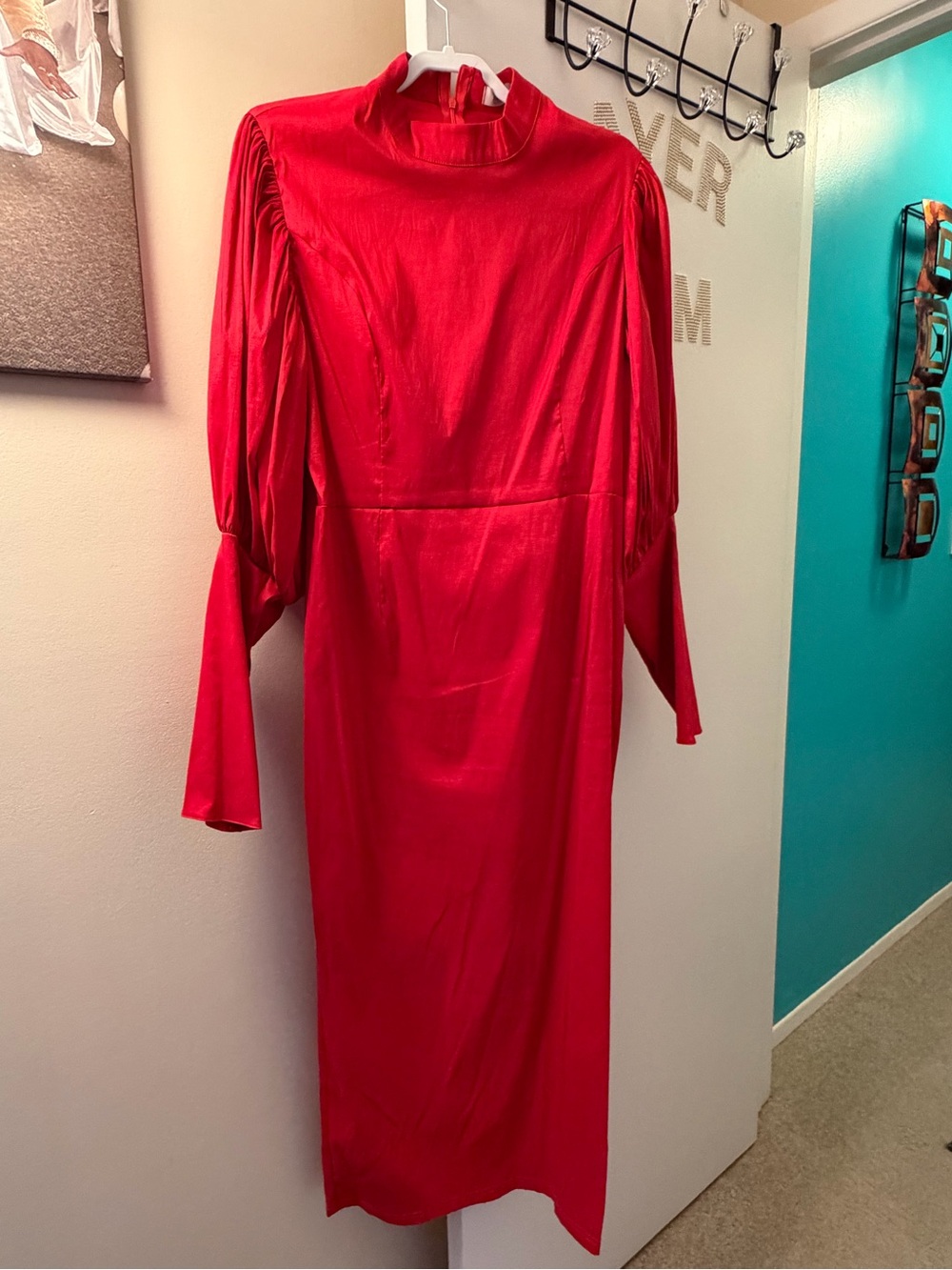High-Neck Red Long-Sleeve Maxi Dress